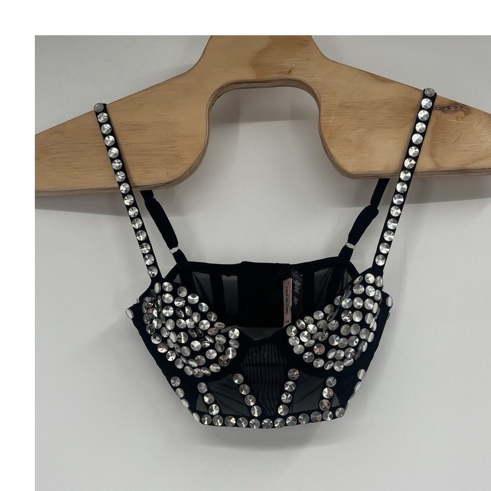 For Love & Lemons Victorias Secret Jewel Beaded Bustier‎ Bra Black Sz XXS NWT